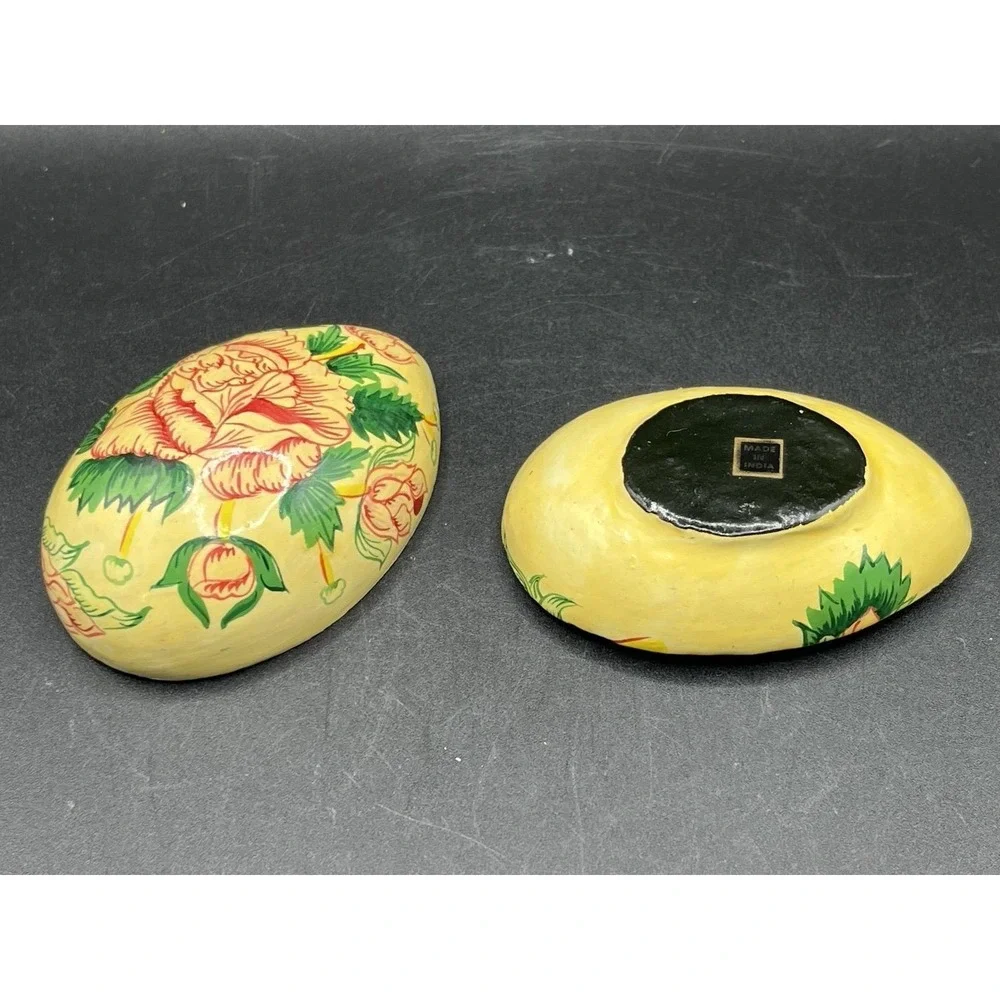 Vtg Laquer Egg Trinket Box Rose India 3